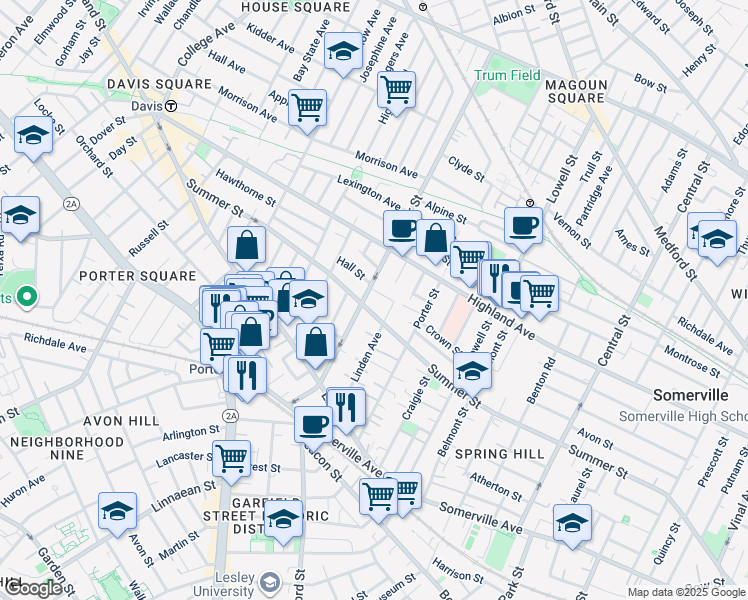 map of restaurants, bars, coffee shops, grocery stores, and more near 53 Cedar Street in Somerville