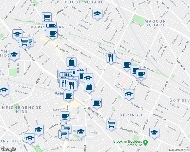 map of restaurants, bars, coffee shops, grocery stores, and more near 21 Ashland Street in Somerville