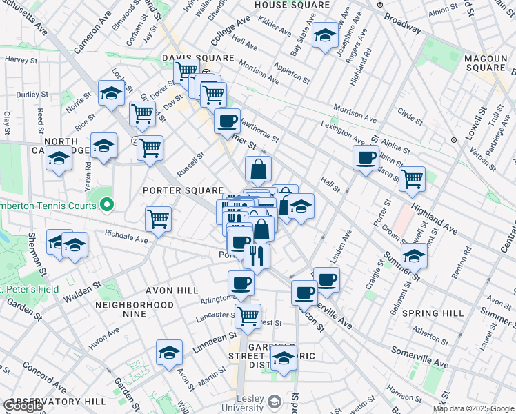 map of restaurants, bars, coffee shops, grocery stores, and more near 49 White Street in Cambridge