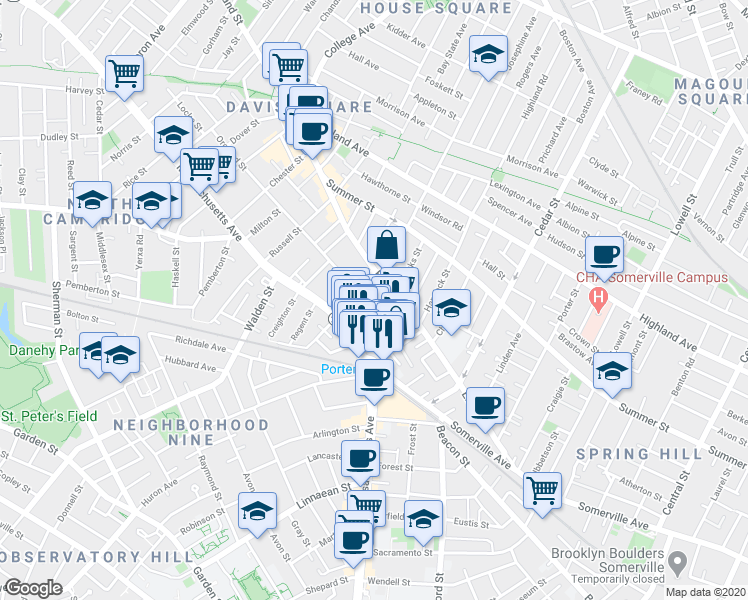map of restaurants, bars, coffee shops, grocery stores, and more near 19 Davenport Street in Cambridge