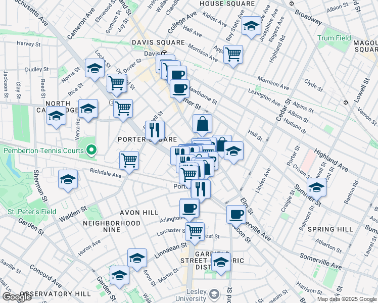 map of restaurants, bars, coffee shops, grocery stores, and more near 19 Davenport Street in Cambridge