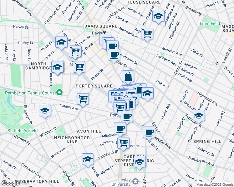 map of restaurants, bars, coffee shops, grocery stores, and more near 19 Davenport Street in Cambridge