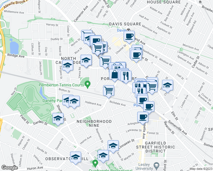 map of restaurants, bars, coffee shops, grocery stores, and more near 26 Mead Street in Cambridge