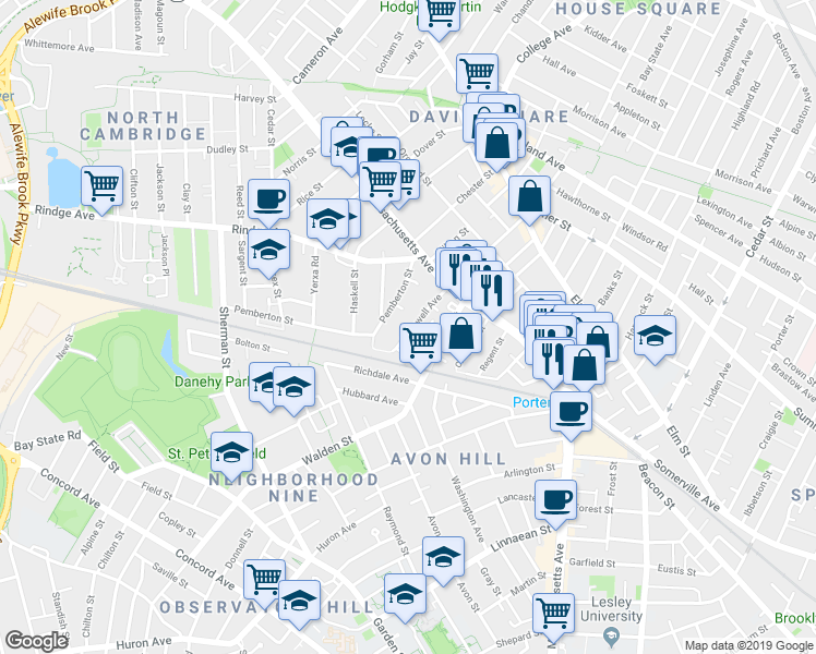 map of restaurants, bars, coffee shops, grocery stores, and more near 26 Mead Street in Cambridge