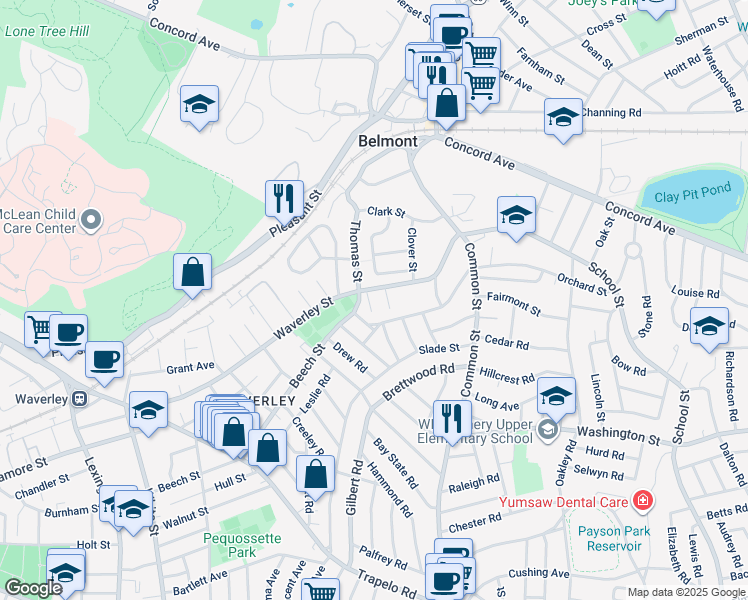 map of restaurants, bars, coffee shops, grocery stores, and more near 273 Orchard Street in Belmont