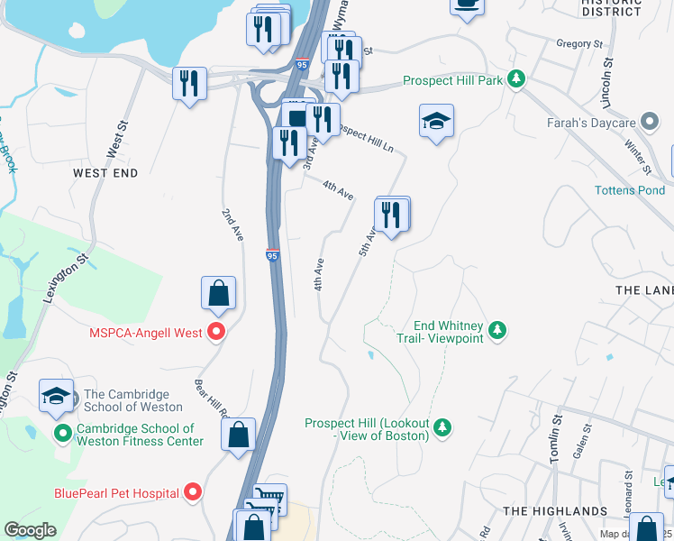 map of restaurants, bars, coffee shops, grocery stores, and more near 400 5th Avenue in Waltham