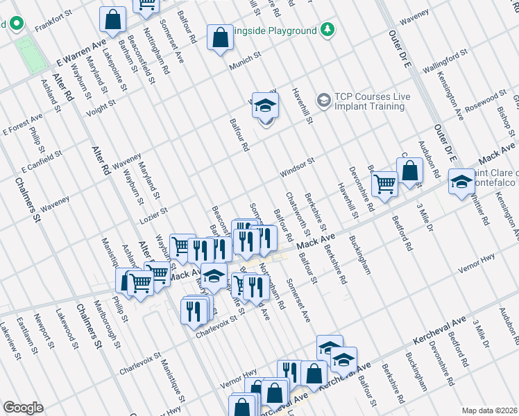 map of restaurants, bars, coffee shops, grocery stores, and more near 3610 Somerset Avenue in Detroit