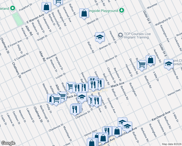 map of restaurants, bars, coffee shops, grocery stores, and more near 3644 Nottingham Road in Detroit