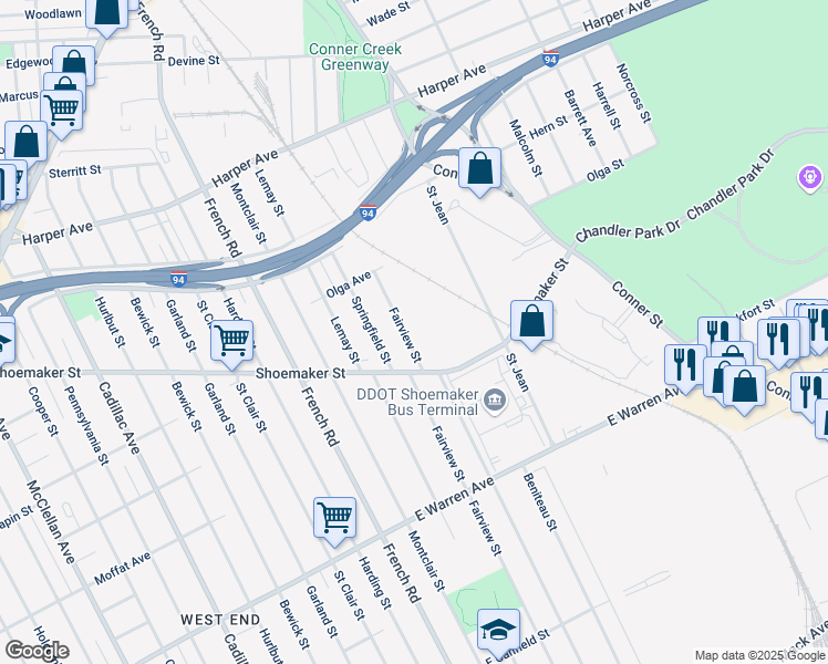 map of restaurants, bars, coffee shops, grocery stores, and more near 5530 Fairview Street in Detroit