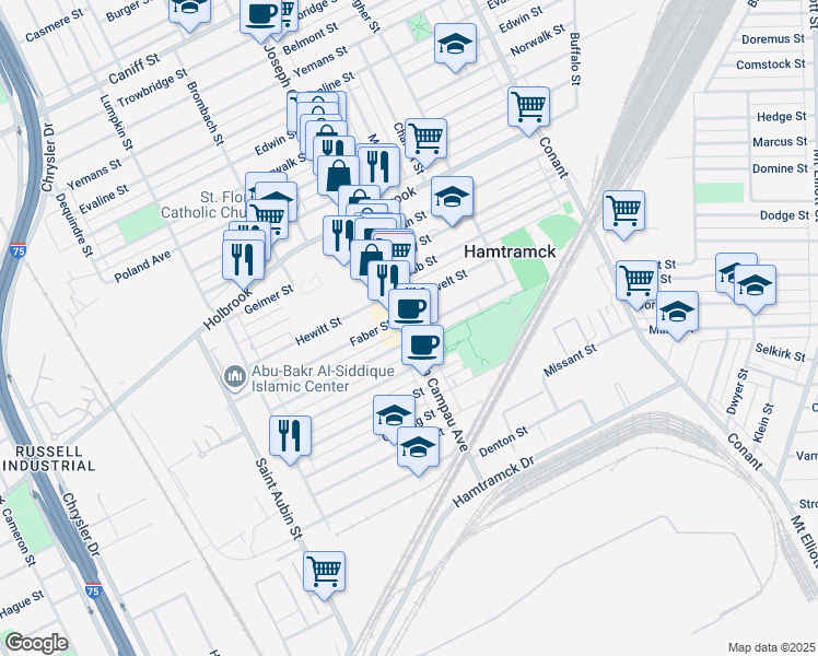 map of restaurants, bars, coffee shops, grocery stores, and more near 8731 Joseph Campau Avenue in Hamtramck