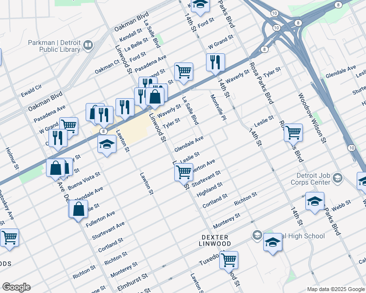 map of restaurants, bars, coffee shops, grocery stores, and more near 12740 Linwood Street in Detroit