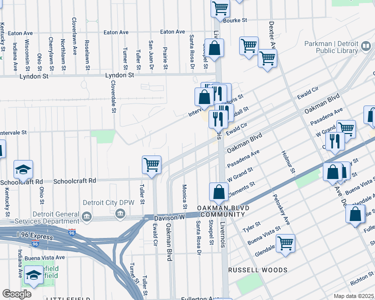 map of restaurants, bars, coffee shops, grocery stores, and more near 2724 Oakman Boulevard in Detroit