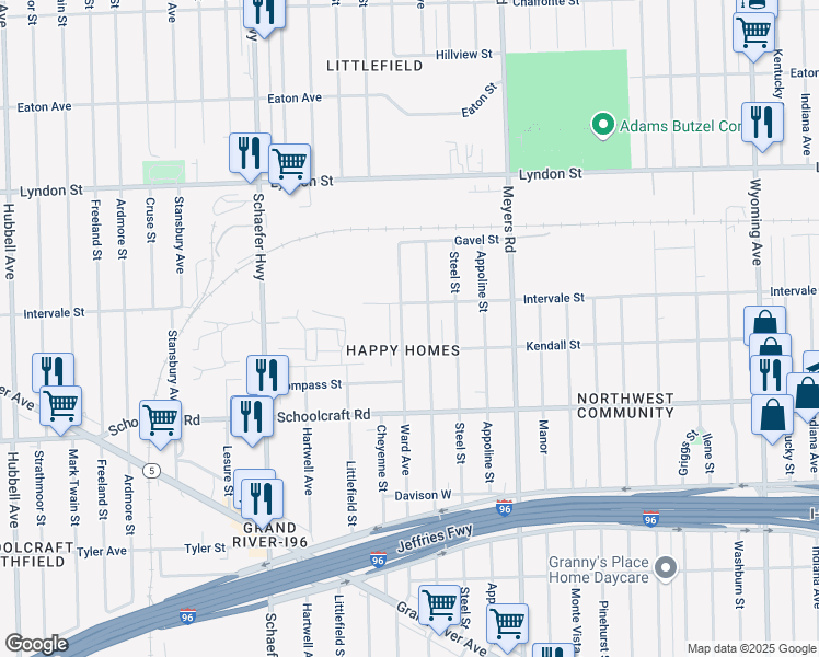 map of restaurants, bars, coffee shops, grocery stores, and more near 14101 Ward Avenue in Detroit