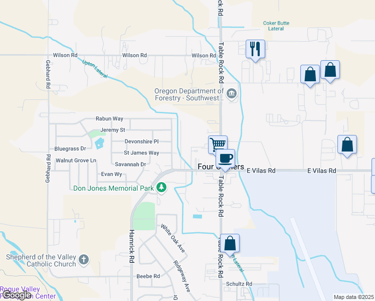 map of restaurants, bars, coffee shops, grocery stores, and more near 138 West Vilas Road in Central Point