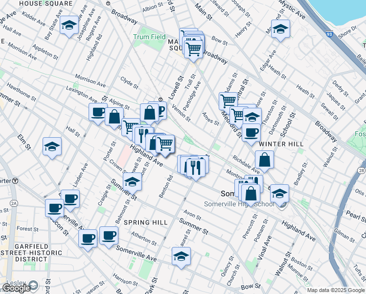 map of restaurants, bars, coffee shops, grocery stores, and more near 37 Albion Street in Somerville