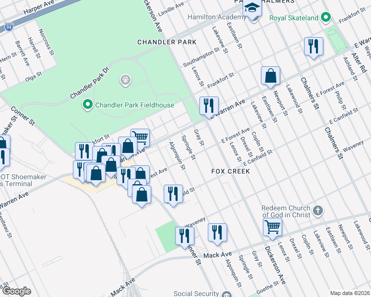 map of restaurants, bars, coffee shops, grocery stores, and more near 4709 Springle Street in Detroit