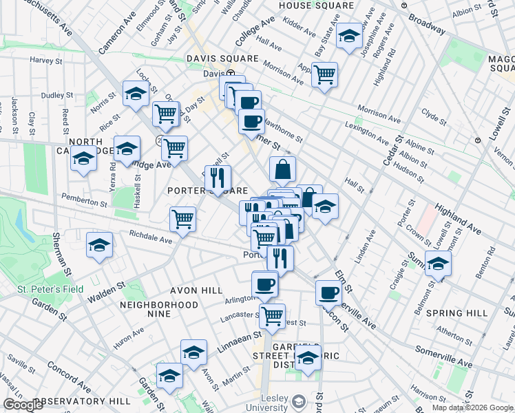 map of restaurants, bars, coffee shops, grocery stores, and more near 19 Davenport Street in Cambridge