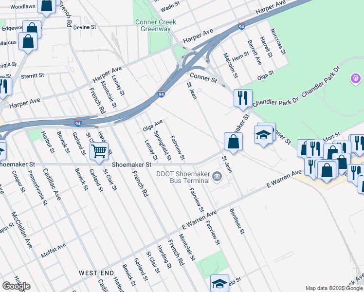 map of restaurants, bars, coffee shops, grocery stores, and more near 5530 Fairview Street in Detroit