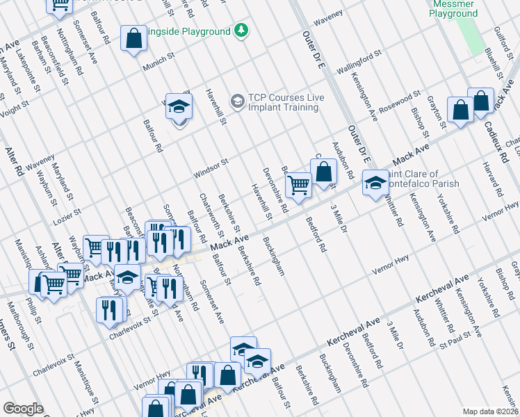 map of restaurants, bars, coffee shops, grocery stores, and more near 3426 Buckingham in Detroit