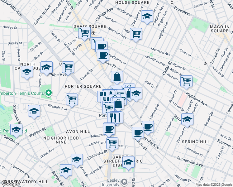 map of restaurants, bars, coffee shops, grocery stores, and more near 49 White Street in Cambridge