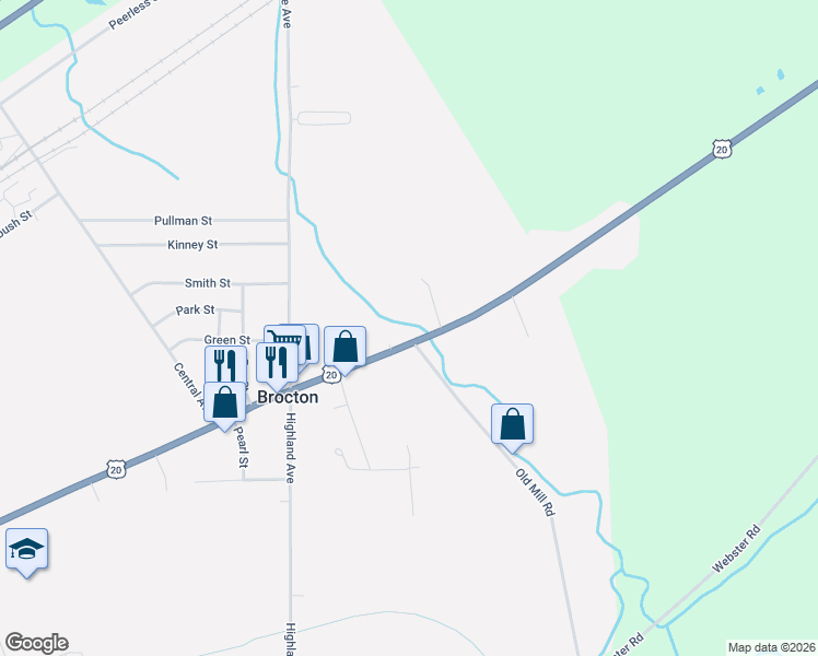 map of restaurants, bars, coffee shops, grocery stores, and more near 90 East Main Street in Brocton