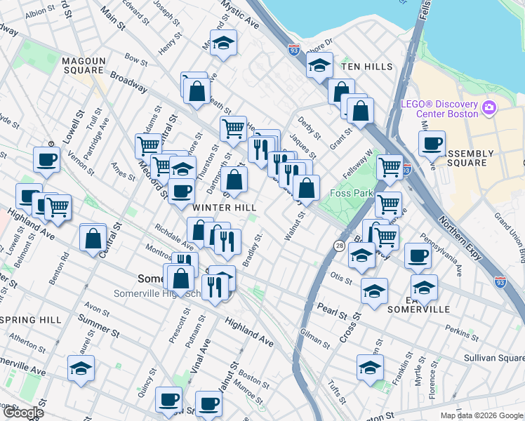 map of restaurants, bars, coffee shops, grocery stores, and more near 60B Marshall Street in Somerville