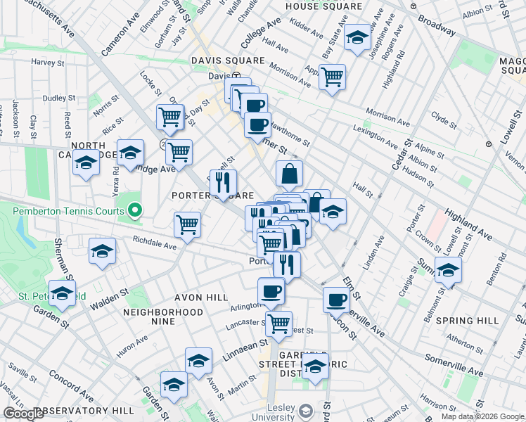 map of restaurants, bars, coffee shops, grocery stores, and more near 10 Beech Street in Cambridge