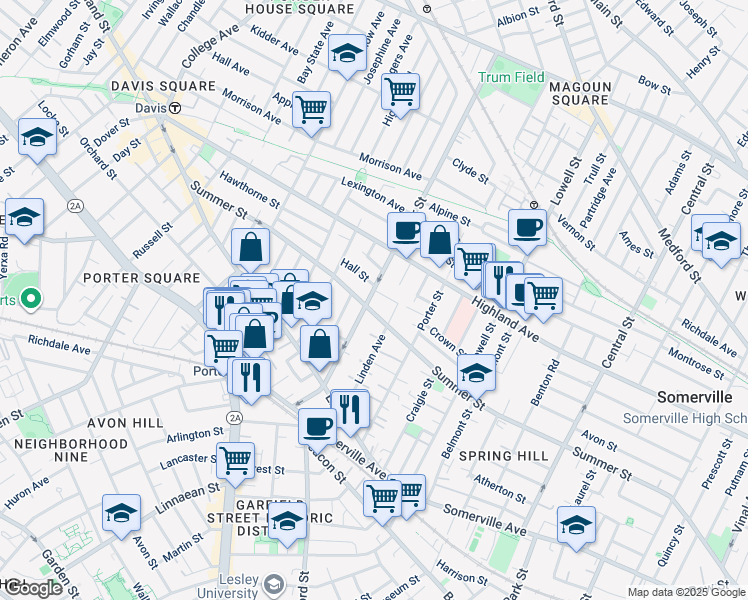 map of restaurants, bars, coffee shops, grocery stores, and more near 53 Cedar Street in Somerville