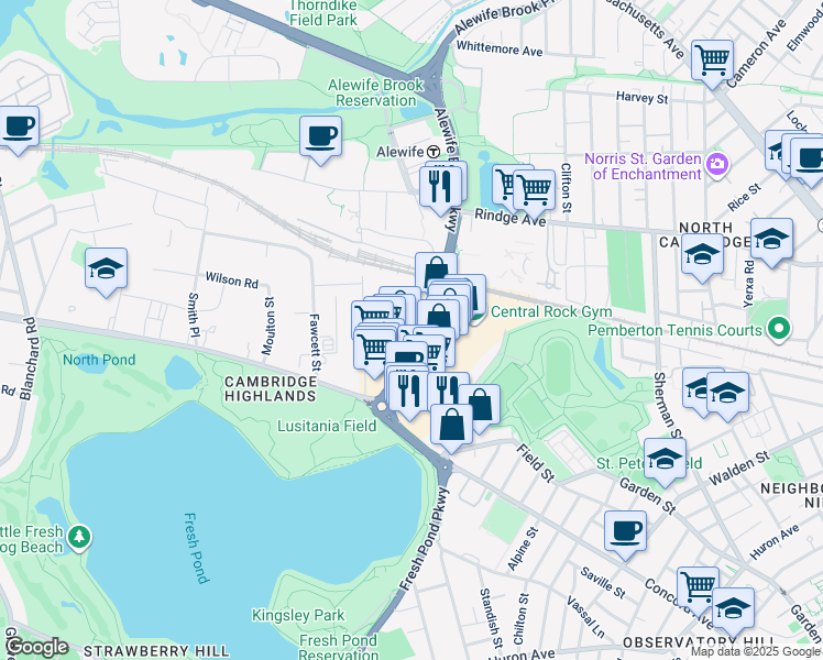 map of restaurants, bars, coffee shops, grocery stores, and more near 185 Alewife Brook Parkway in Cambridge