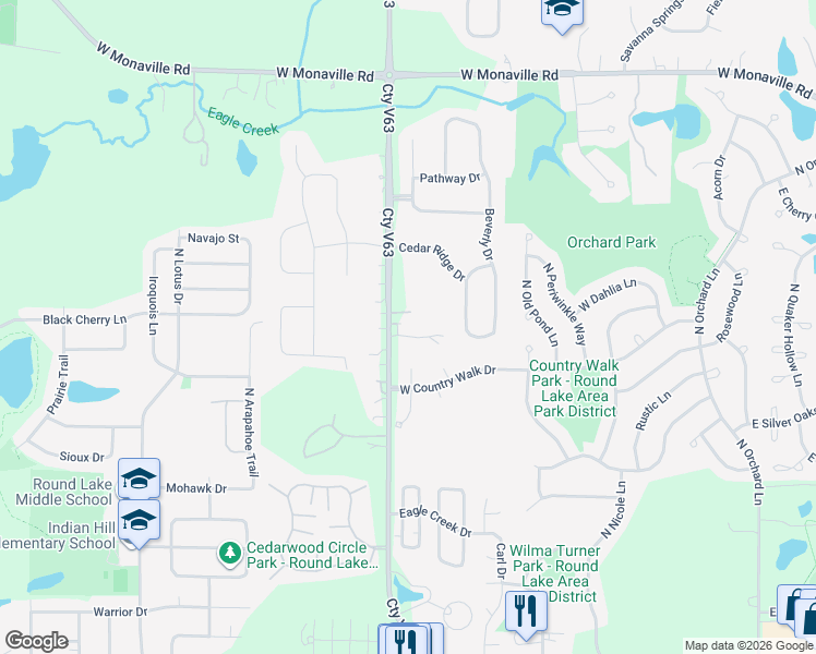 map of restaurants, bars, coffee shops, grocery stores, and more near 1323 North Cedar Lake Road in Lake Villa
