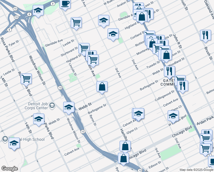 map of restaurants, bars, coffee shops, grocery stores, and more near 938 Webb Street in Detroit