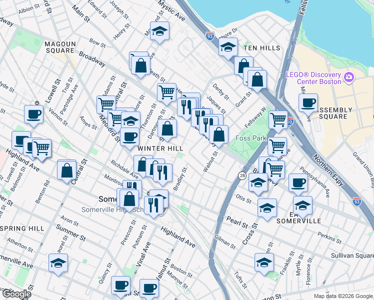 map of restaurants, bars, coffee shops, grocery stores, and more near 60B Marshall Street in Somerville