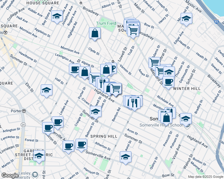 map of restaurants, bars, coffee shops, grocery stores, and more near 191 Highland Avenue in Somerville