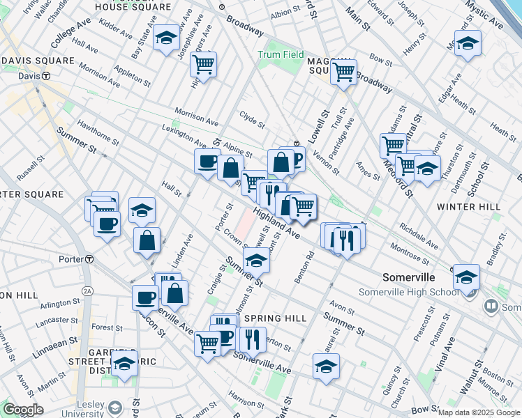 map of restaurants, bars, coffee shops, grocery stores, and more near 14 Tower Street in Somerville