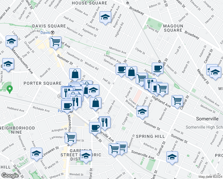 map of restaurants, bars, coffee shops, grocery stores, and more near 53 Cedar Street in Somerville
