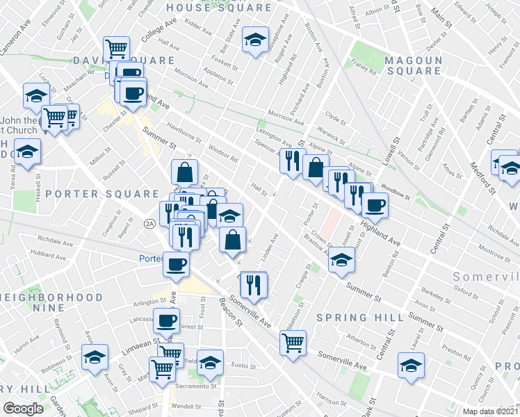 map of restaurants, bars, coffee shops, grocery stores, and more near 53 Cedar Street in Somerville