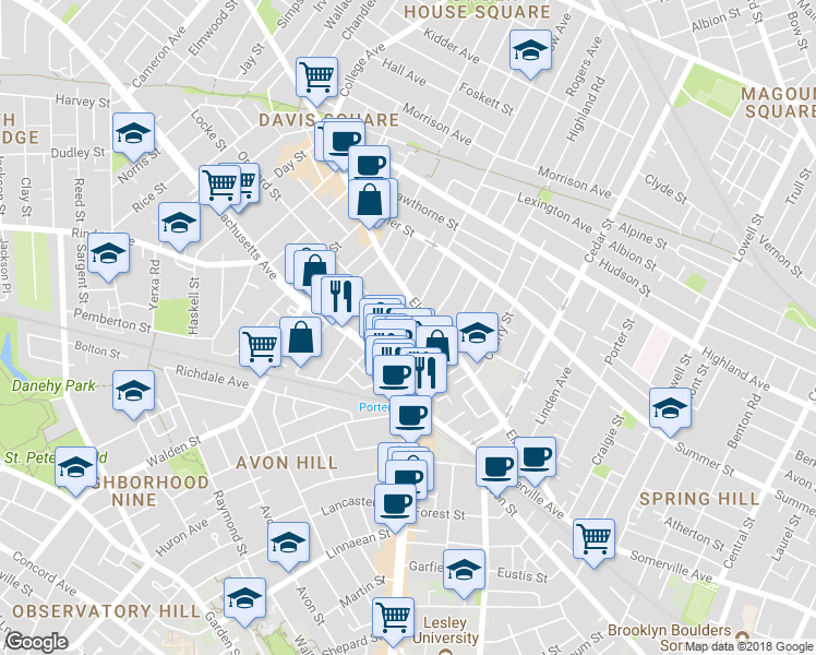 map of restaurants, bars, coffee shops, grocery stores, and more near 19 Davenport Street in Cambridge