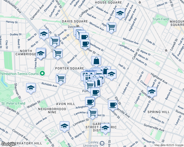 map of restaurants, bars, coffee shops, grocery stores, and more near 19 Davenport Street in Cambridge