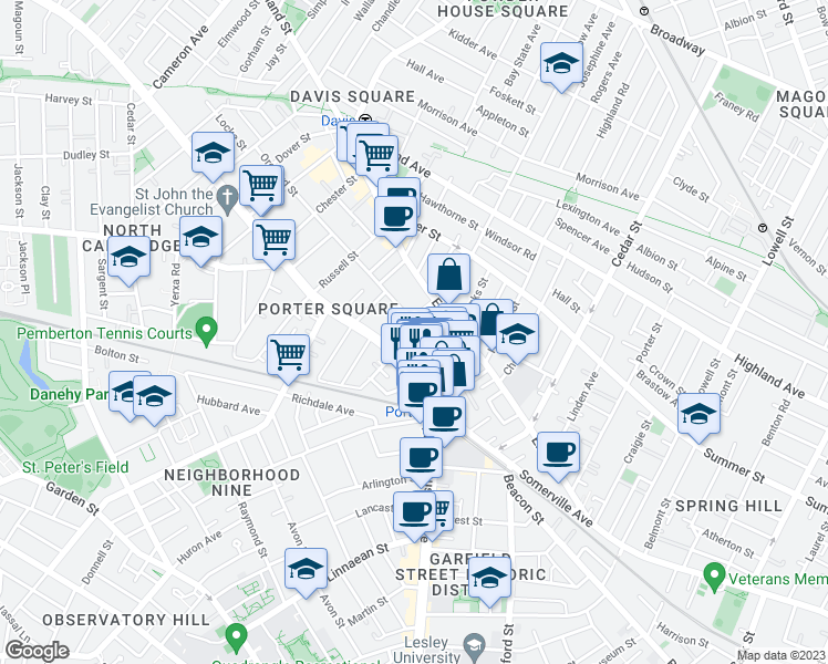 map of restaurants, bars, coffee shops, grocery stores, and more near 19 Davenport Street in Cambridge
