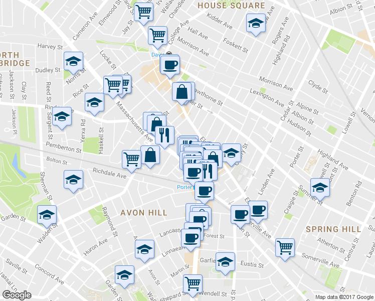 map of restaurants, bars, coffee shops, grocery stores, and more near 19 Davenport Street in Cambridge