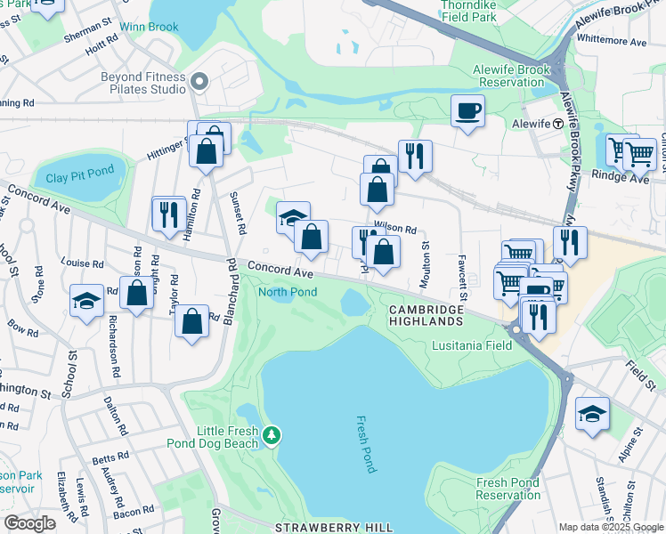 map of restaurants, bars, coffee shops, grocery stores, and more near 725 Concord Avenue in Cambridge