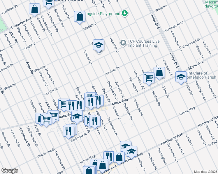 map of restaurants, bars, coffee shops, grocery stores, and more near 3485 Chatsworth Street in Detroit