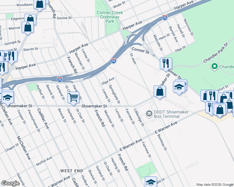 map of restaurants, bars, coffee shops, grocery stores, and more near 5537 Springfield Street in Detroit