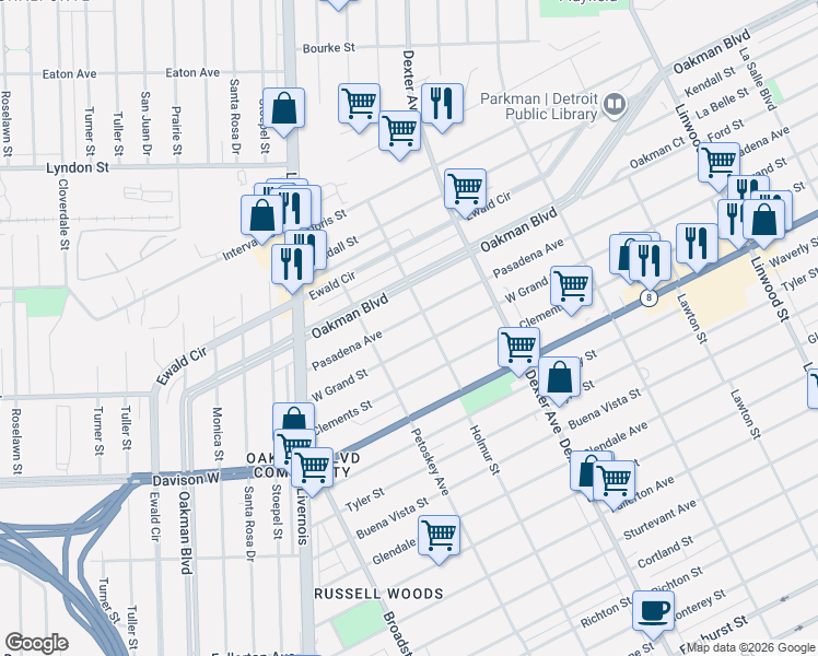 map of restaurants, bars, coffee shops, grocery stores, and more near 4092 Grand Street in Detroit