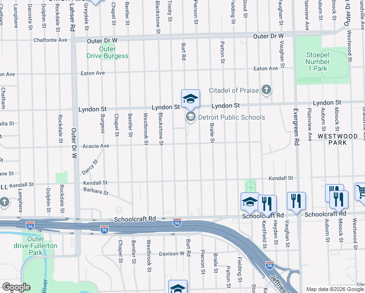 map of restaurants, bars, coffee shops, grocery stores, and more near 14209 Burt Road in Detroit