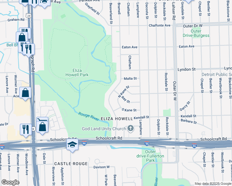 map of restaurants, bars, coffee shops, grocery stores, and more near 22637 North Kane Street in Detroit