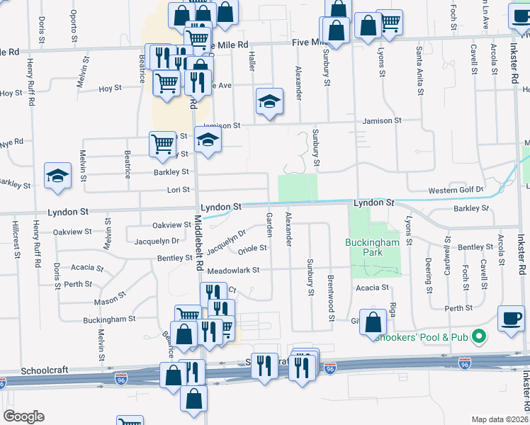 map of restaurants, bars, coffee shops, grocery stores, and more near 14424 Garden in Livonia