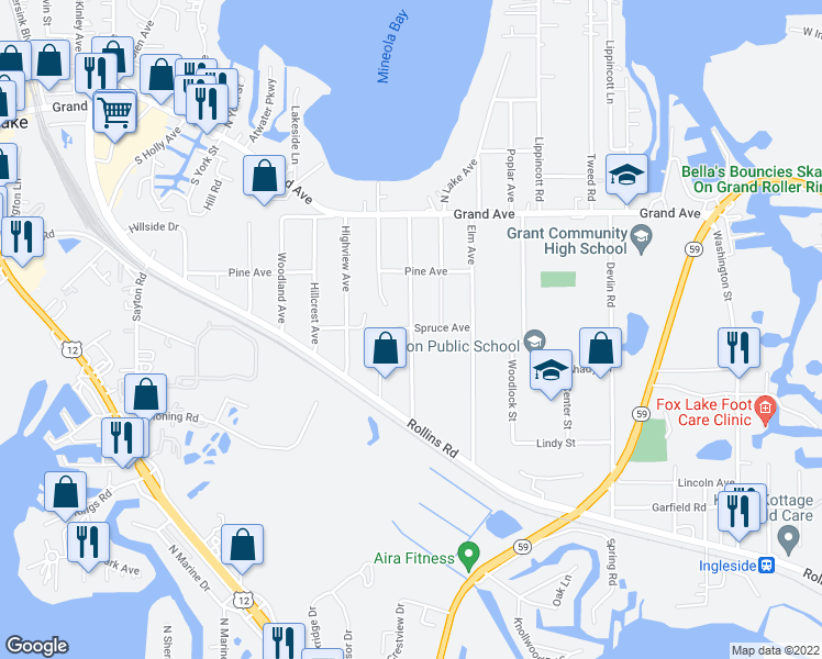 map of restaurants, bars, coffee shops, grocery stores, and more near 51 Hickory Avenue in Fox Lake