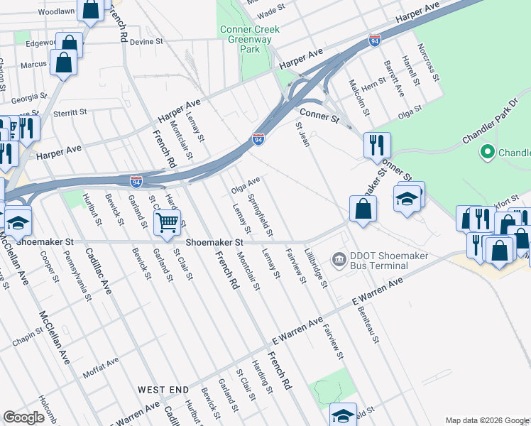 map of restaurants, bars, coffee shops, grocery stores, and more near 5537 Springfield Street in Detroit