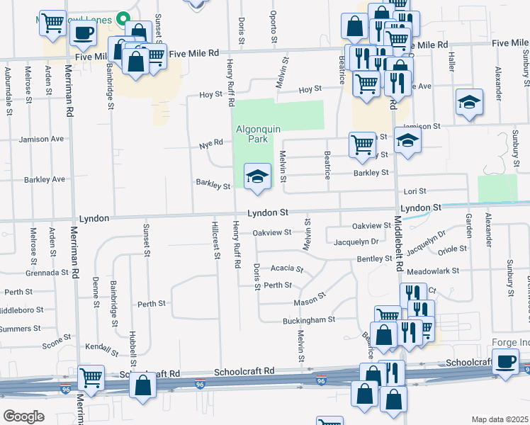 map of restaurants, bars, coffee shops, grocery stores, and more near 30200 Lyndon in Livonia